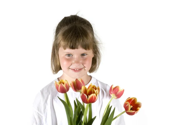 Ragazza con tulipani — Foto Stock