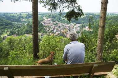 Man and dog at viewpoint clipart