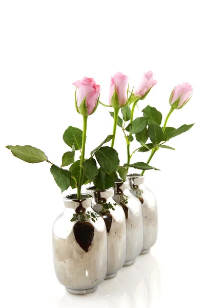 Roses roses dans des vases en argent — Photo