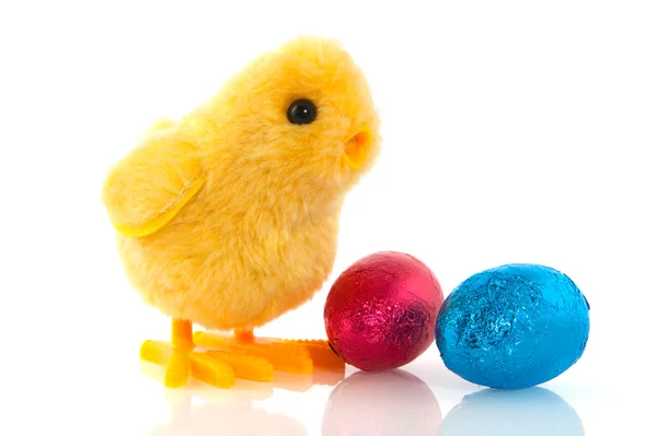 Easter chick with chocolate eggs — Stock Photo, Image
