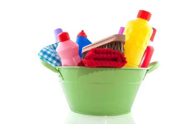 Bucket with cleaning products — Stock Photo, Image