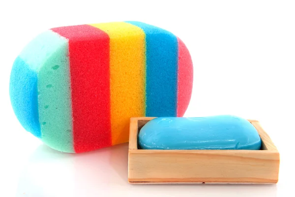 Esponja de banho e sabão — Fotografia de Stock
