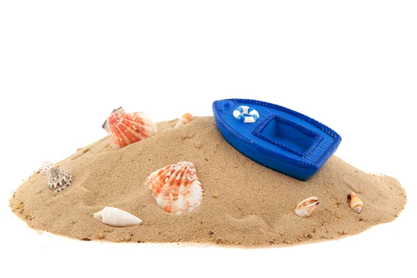 Beach with blue boat — Stock Photo, Image