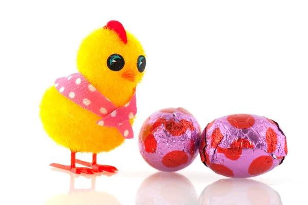 Easter chick with eggs — Stock Photo, Image