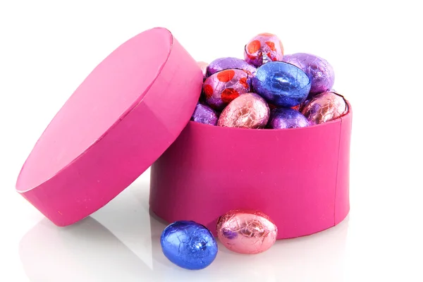 Caixa rosa com ovos de Páscoa — Fotografia de Stock
