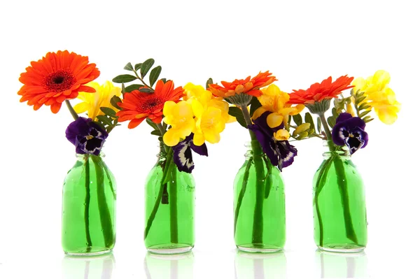 Flower bouquets in green bottles — Stock Photo, Image