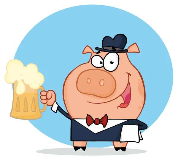Χαρούμενος σερβιτόρος χοιρινό με μπύρα — Φωτογραφία Αρχείου