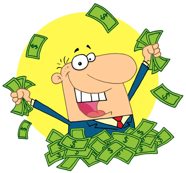 Happy salesman playing in a pile of mone — Stock Photo, Image