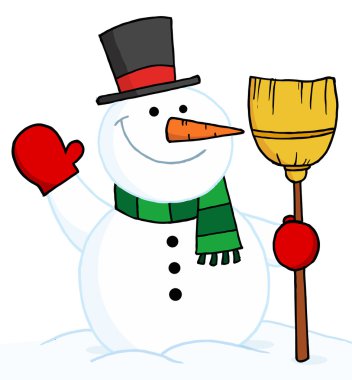 Snowman Holding A Broom And Waving clipart