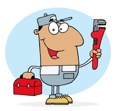 Hispanic Plumber Man Carrying ARed Wrench And Tool Box clipart