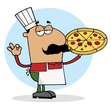 Pleased Male Hispanic Pizza Chef With His Perfect Pie clipart