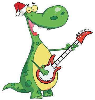 Dinosaur plays guitar with santa hat clipart