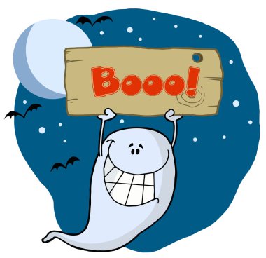 Ghost Holding Up A Wooden Boo Sign clipart