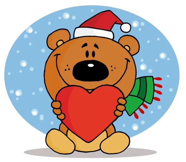 Urso segurando um coração vermelho e vestindo um chapéu de Santa na neve — Fotografia de Stock