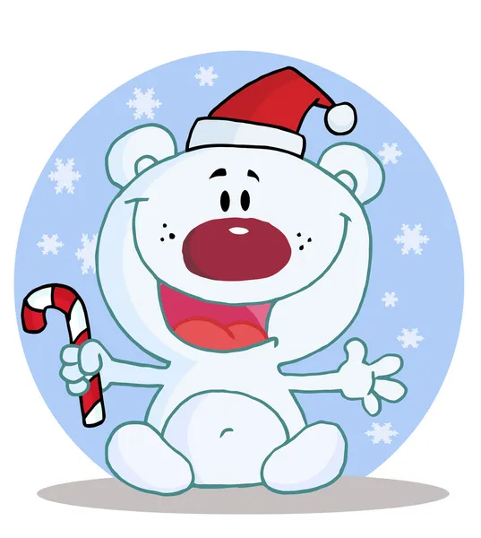 Lední medvěd na sněhu drží candy cane — Stock fotografie