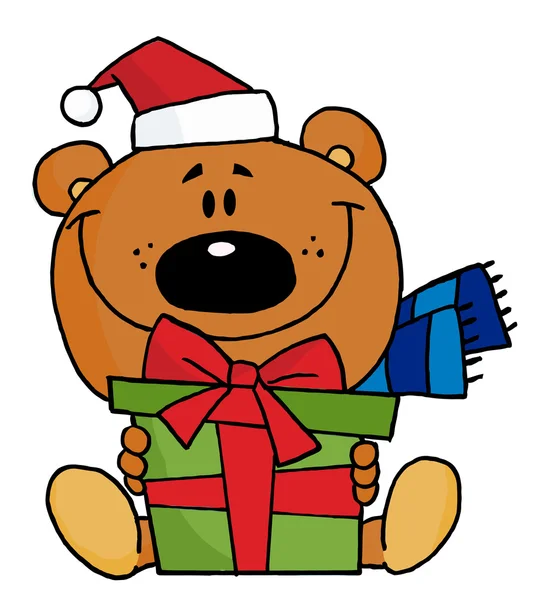 Dando Urso de Natal Segurando Um Presente — Fotografia de Stock