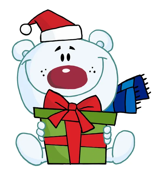 Christmas Polar Bear Holding A Gift — Stock Photo, Image