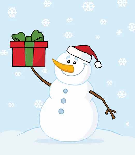 Snowman trzyma prezent — Zdjęcie stockowe