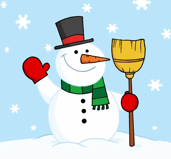 Snowman trzyma miotłę i macha — Zdjęcie stockowe