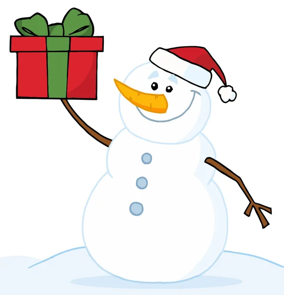 Snowman trzyma prezent na Boże Narodzenie — Zdjęcie stockowe