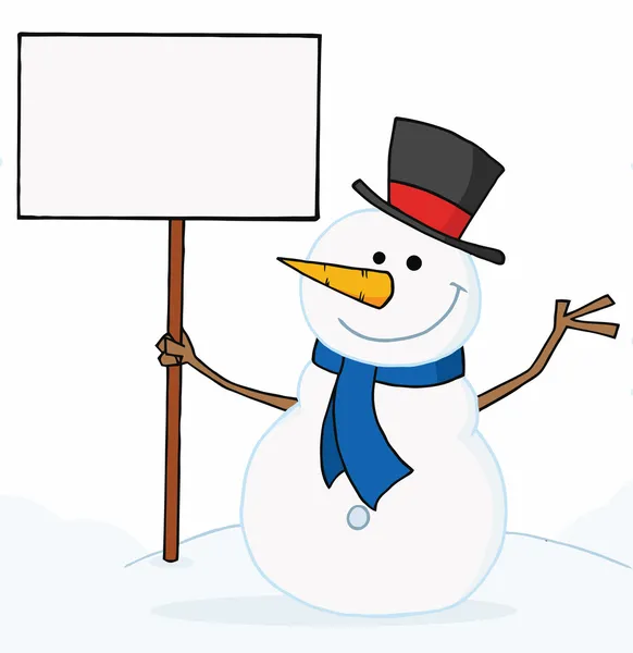 Snowman holding a blank sign — стоковое фото