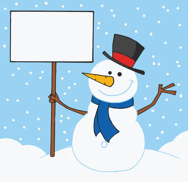 Snowman holding a blank sign — стоковое фото