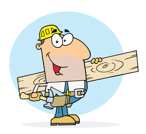 Καυκάσιος εργαζόμενος άνθρωπος μια ξύλινη σανίδα — Φωτογραφία Αρχείου