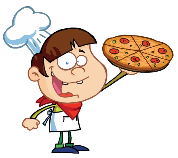 Мальчик-повар показывает вкусную пиццу — стоковое фото