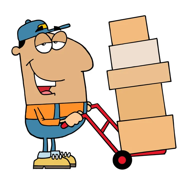 Uomo di consegna ispanico che utilizza un carrello per spostare scatole — Foto Stock