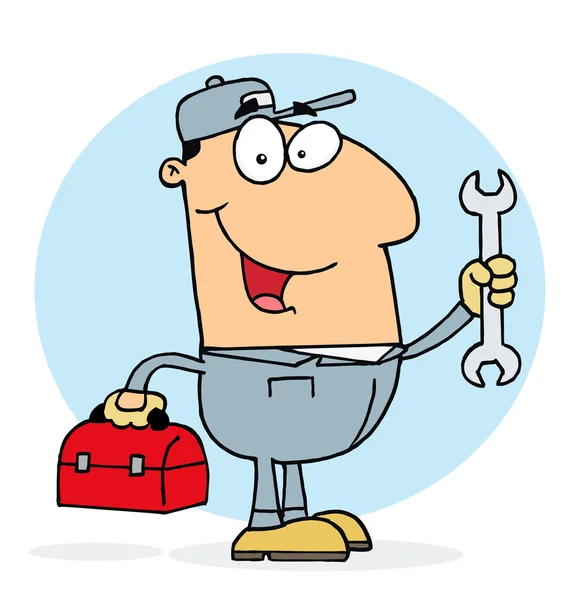 Plumber Man Carrying A Red Wrench And Tool Box — Stock Photo, Image