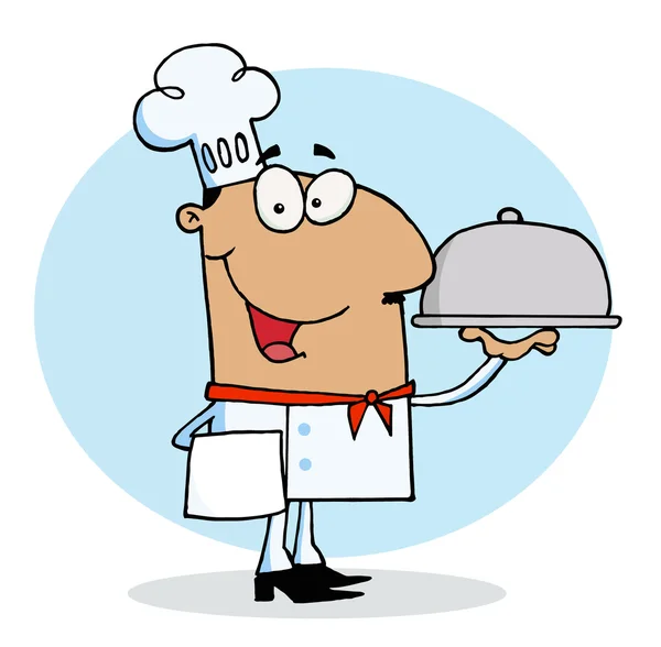 Hispánský šéfkuchař chlap sloužící jídlo v talíři kousek — Stock fotografie