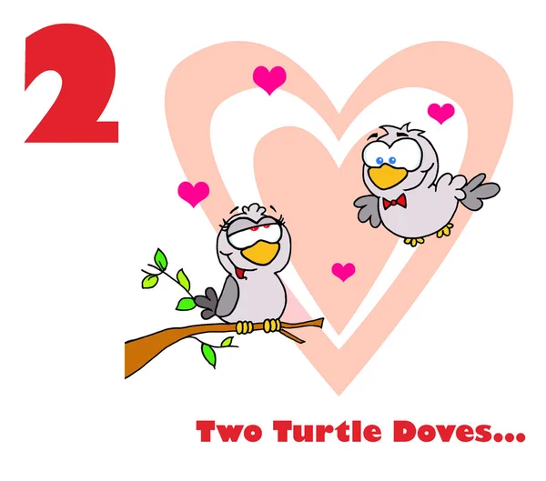 Número dos y texto por dos palomas tortuga por una rama en frente de un gran corazón — Foto de Stock