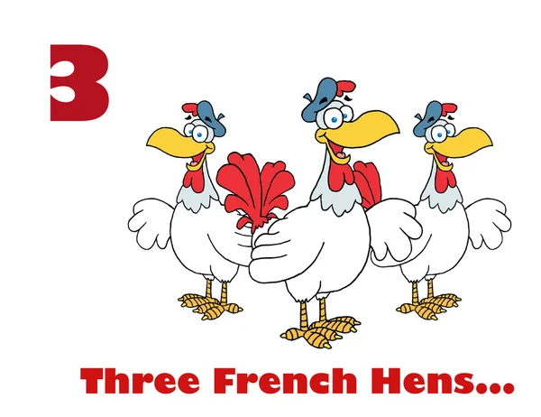 Αριθμός τρία και κείμενο από τρία γαλλικά κότα κοτόπουλα — Φωτογραφία Αρχείου
