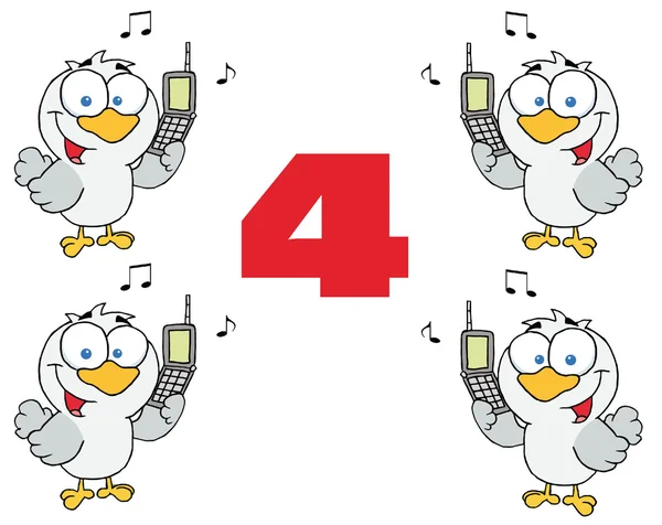 Číslo čtyři s volajícím ptáky držící mobilní telefony — Stock fotografie