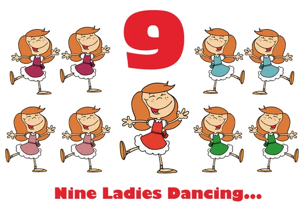 Dokuz numara ve metin üzerinde dokuz bayanlar dans — Stok fotoğraf