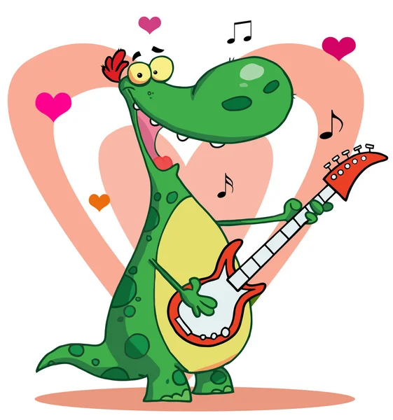 Динозавр играет на гитаре на фоне сердца — стоковое фото