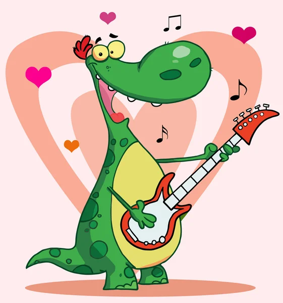 Счастливый динозавр играет на гитаре на фоне сердца — стоковое фото