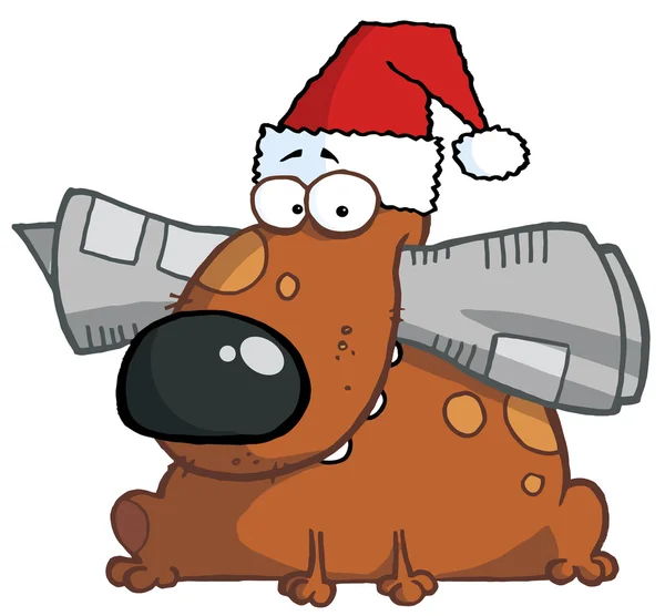Noel Baba şapkası ile ağız gazete köpek tutar — Stok fotoğraf