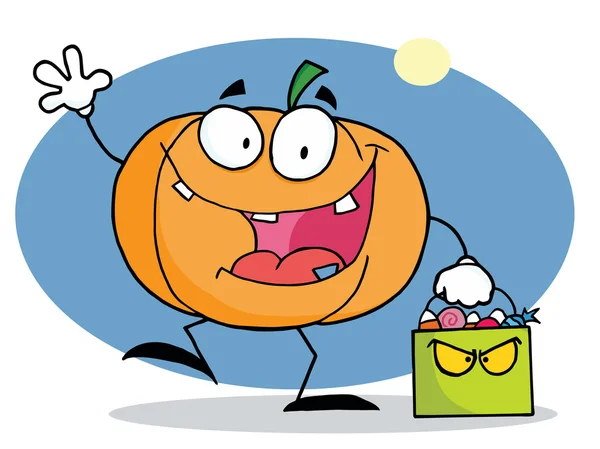 Pumkin personagem dos desenhos animados com saco — Fotografia de Stock