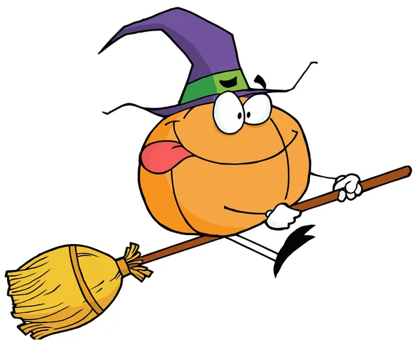 Tecknad karaktär Pumpkin ridning en kvast — Stockfoto