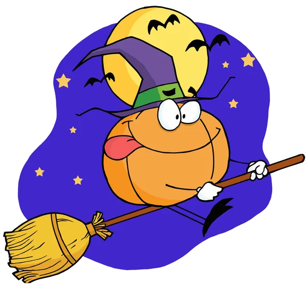 Cartoon character pumkin riding a broom — Stock Photo, Image