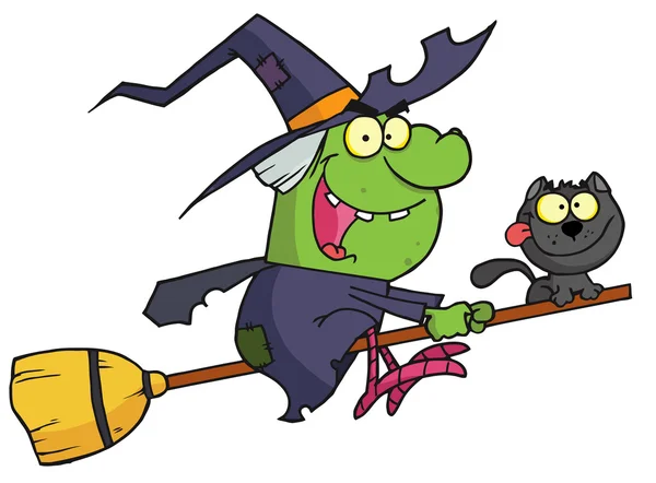 Cartoon character harrison rode a broomstick with a cat — Stock Photo, Image