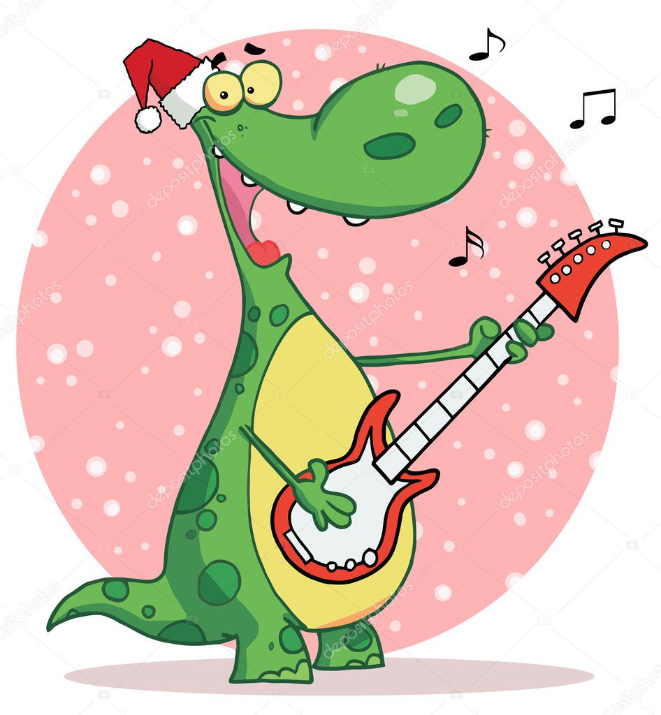 Dinosaur plays guitar with santa hat