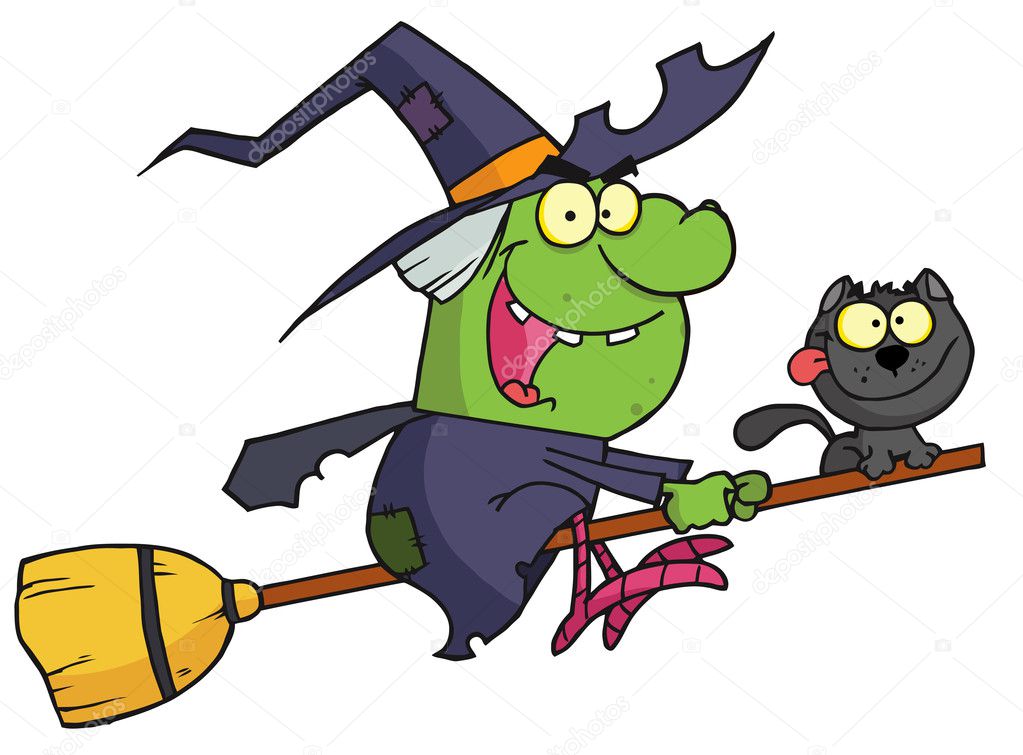 Cartoon character harrison rode a broomstick with a cat