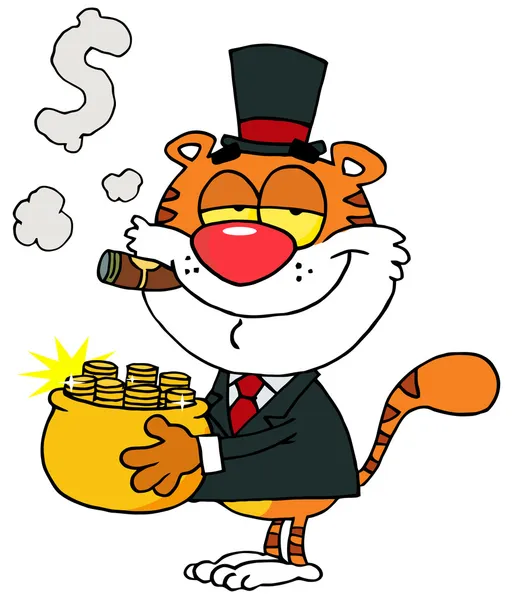 Tigre feliz carregando um pote de ouro — Fotografia de Stock