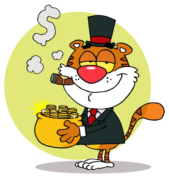 Tigre rico carregando um pote de ouro e fumar um charuto — Fotografia de Stock