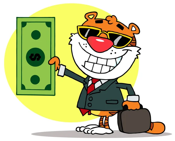 Ευτυχής τίγρη κρατά δολάριο και επιχειρήσεων Χαρτοφύλακα — Φωτογραφία Αρχείου