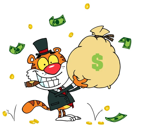 Tygr s doutníkem a zvedl sáček peněz — Stock fotografie