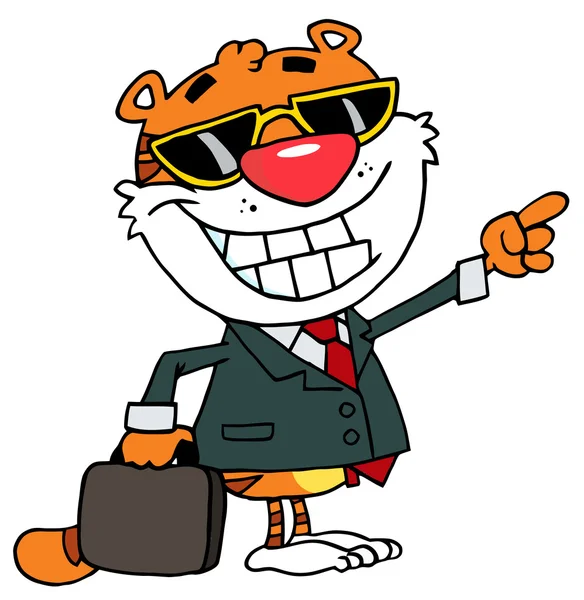 Business tiger karaktär pekar och ler — Stockfoto