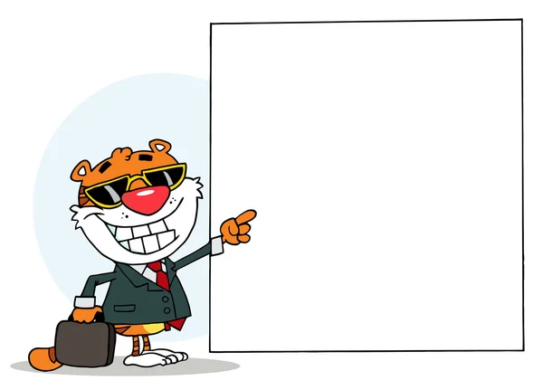 Personagem do tigre apontando para um sinal em branco — Fotografia de Stock